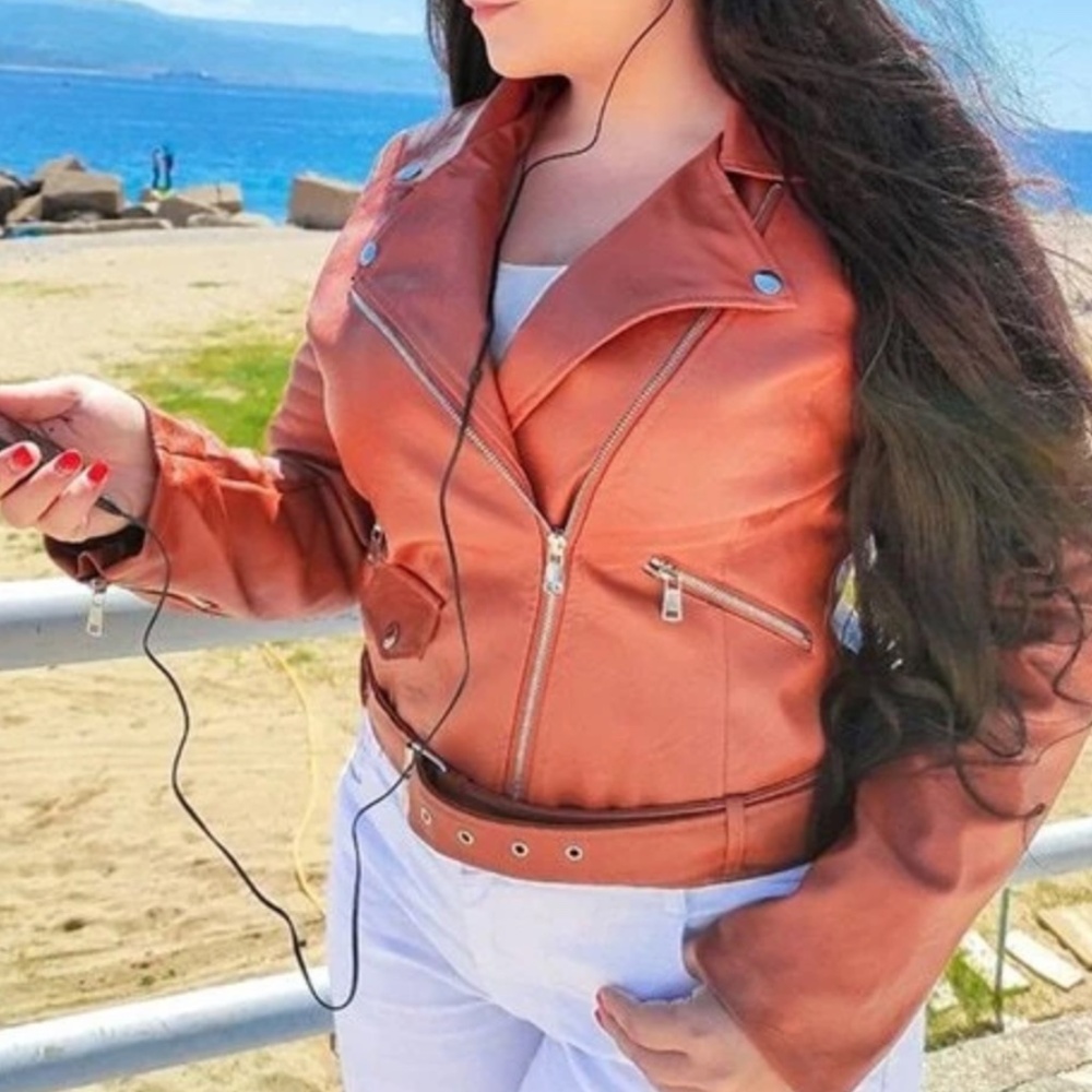 Luxe Vegan Leather Camel Zip up Moto Biker Jacket - Picture 4 of 10